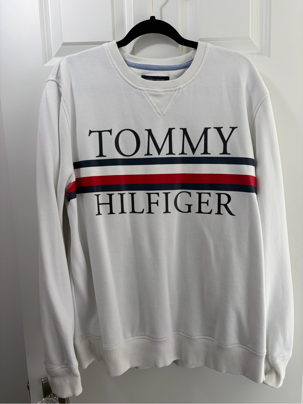 Tommy Hilfiger White Crewneck with Navy and Red Stripe Logo Mens XL